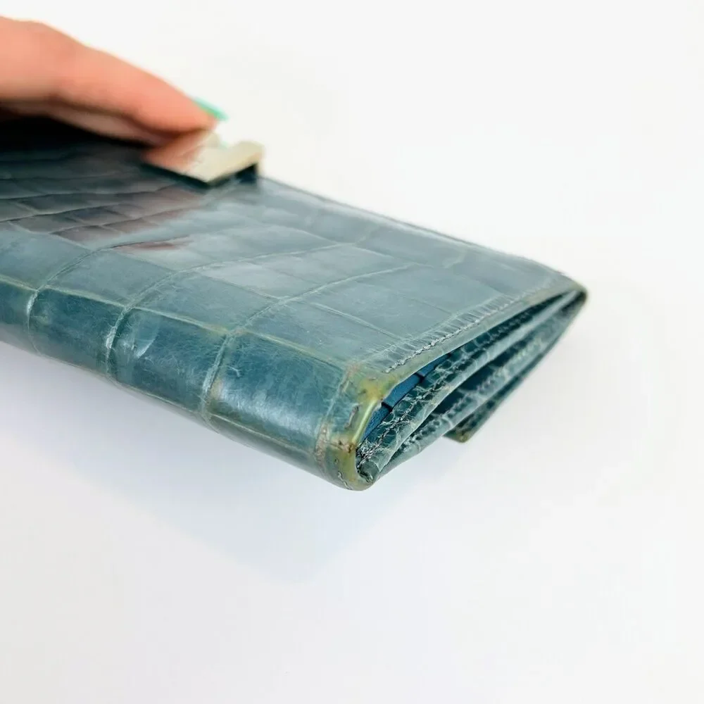 Lambertson Truex Crocodile Leather Exotic Turquoise Blue Foldover Wallet Design